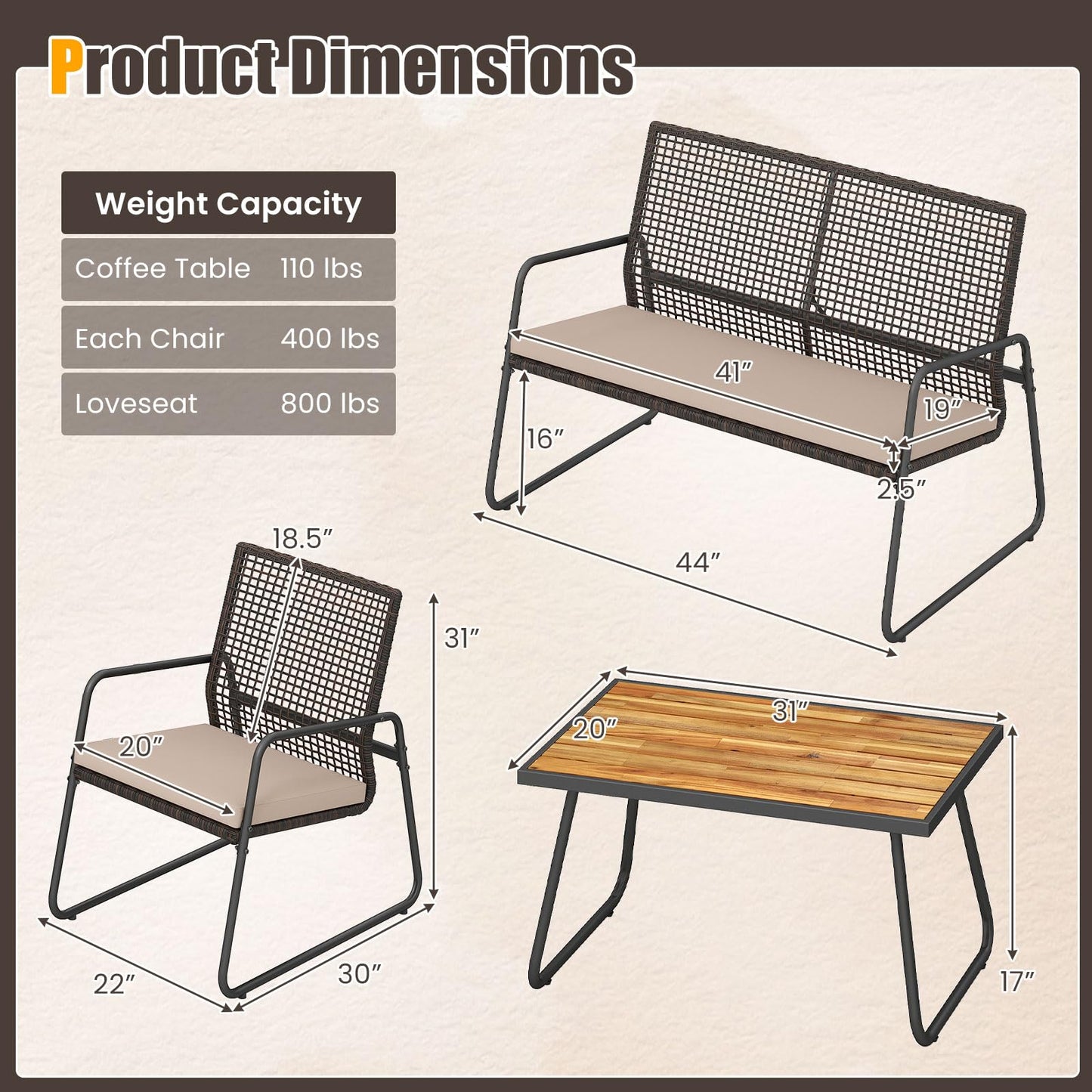 Tangkula 4 Pieces Patio Furniture Set with Acacia Wood Coffee Table & Zippered Cushions