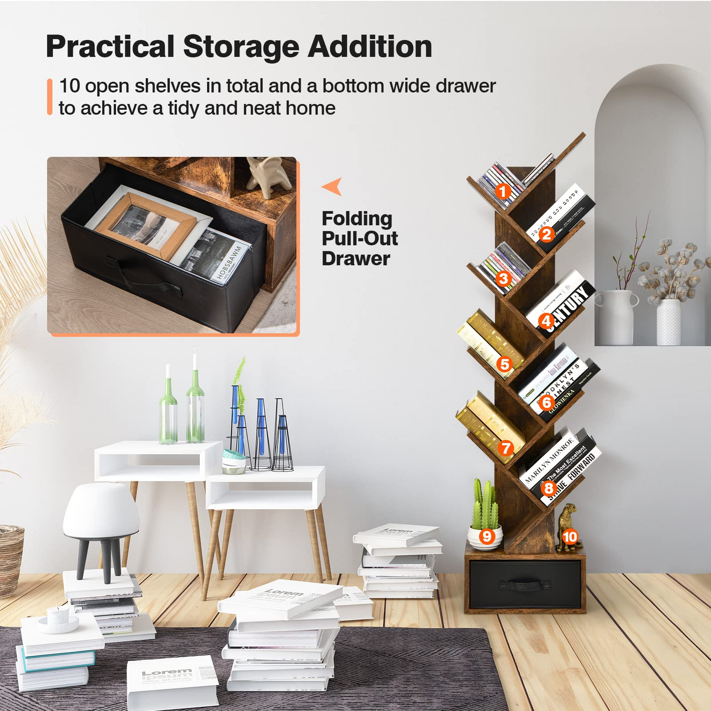 Tangkula 10 Tier Tree Bookshelf with Drawer