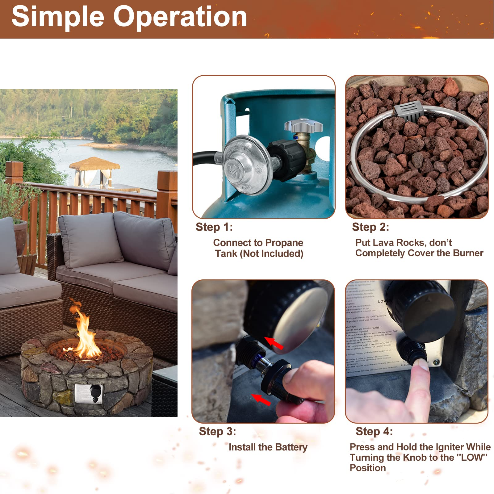 28 Inch Round Propane Gas Fire Pit, Patiojoy 40,000 BTU Stone Look Outdoor Propane Fire Pit - Tangkula
