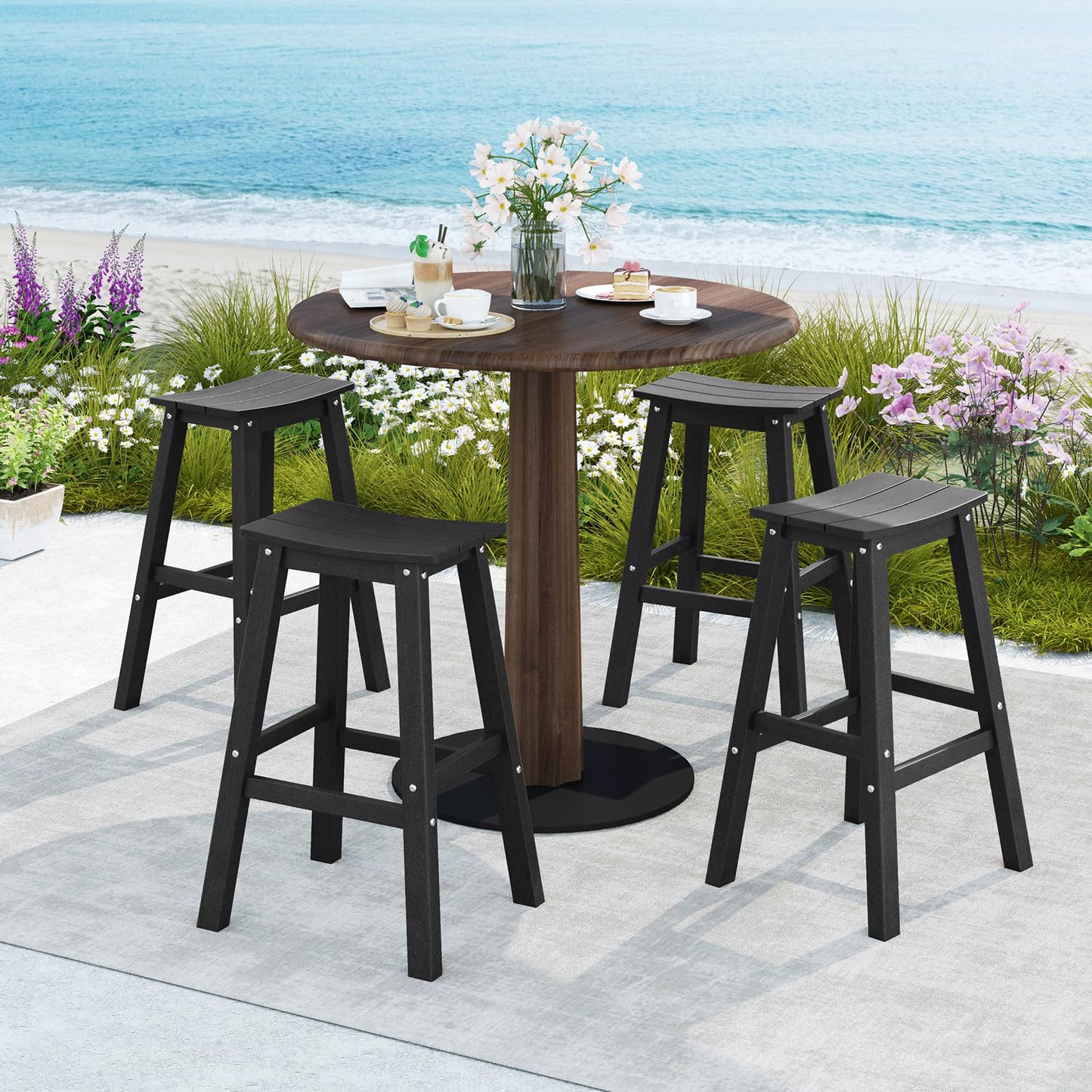Tangkula Patio Bar Stools Set 29 Inch HDPE Bar Height Armless Saddle Stools with Curved Seat & Footrests