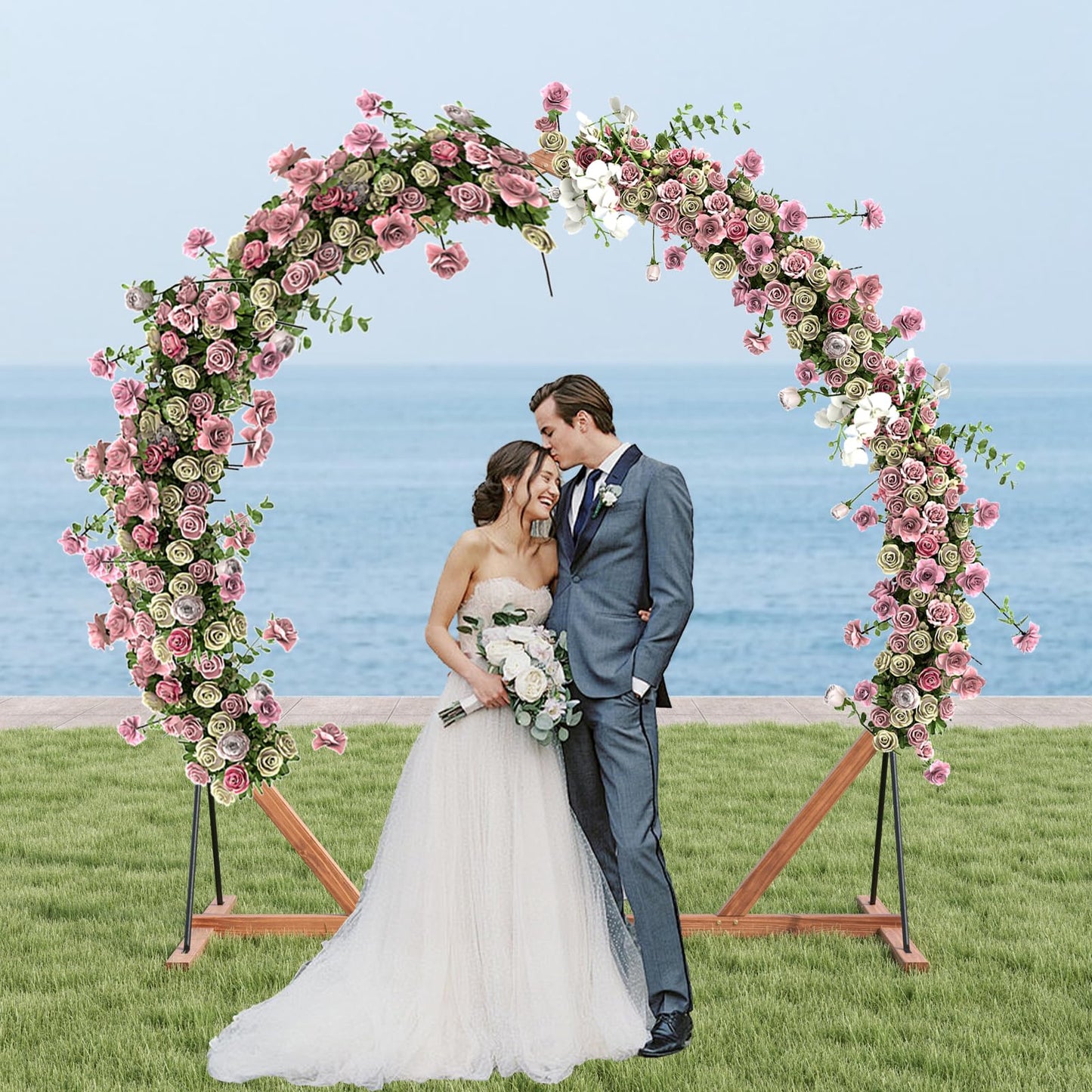 Tangkula 7FT Wedding Arch Heptagon Wooden Arch for Wedding Ceremony