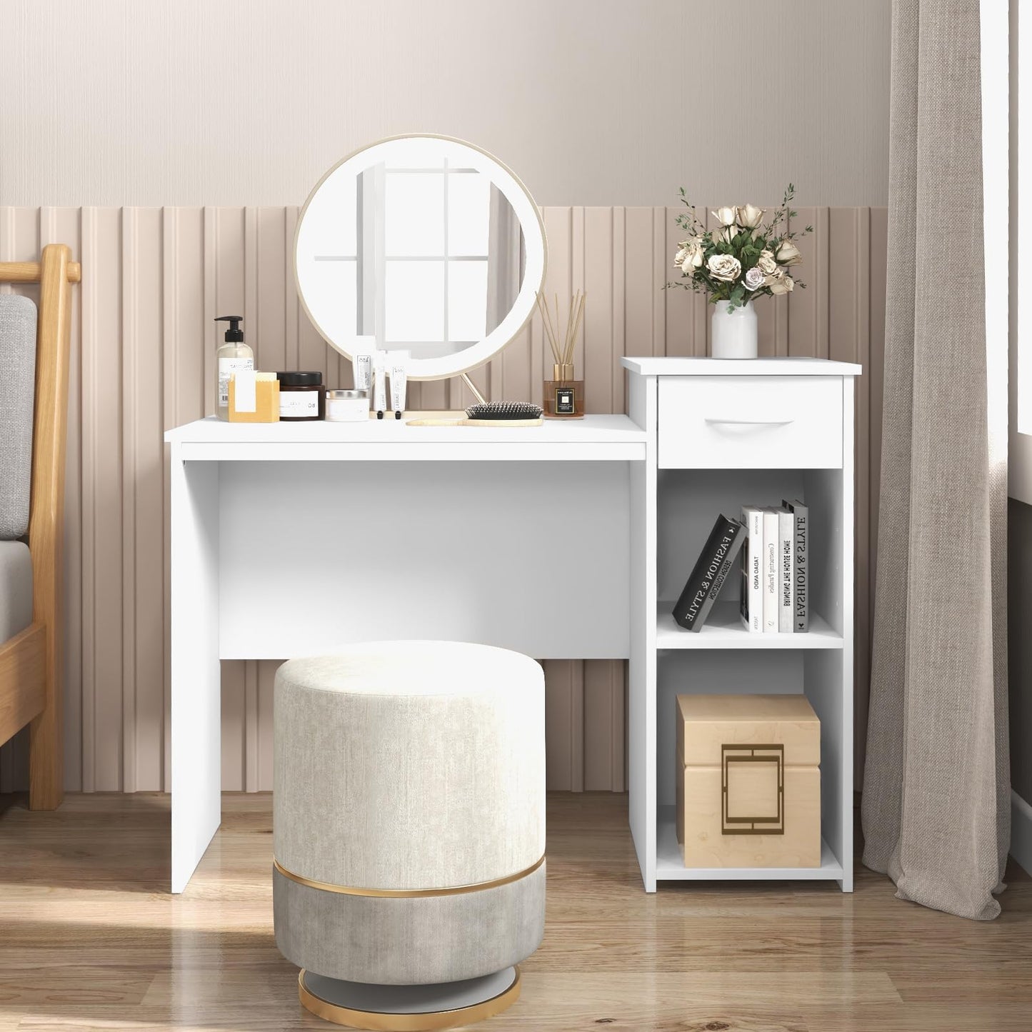 Tangkula White Desk with Drawer, Modern Computer Desk with Adjustable Shelf & Cable Hole, Wooden Computer Workstation for Home or Office