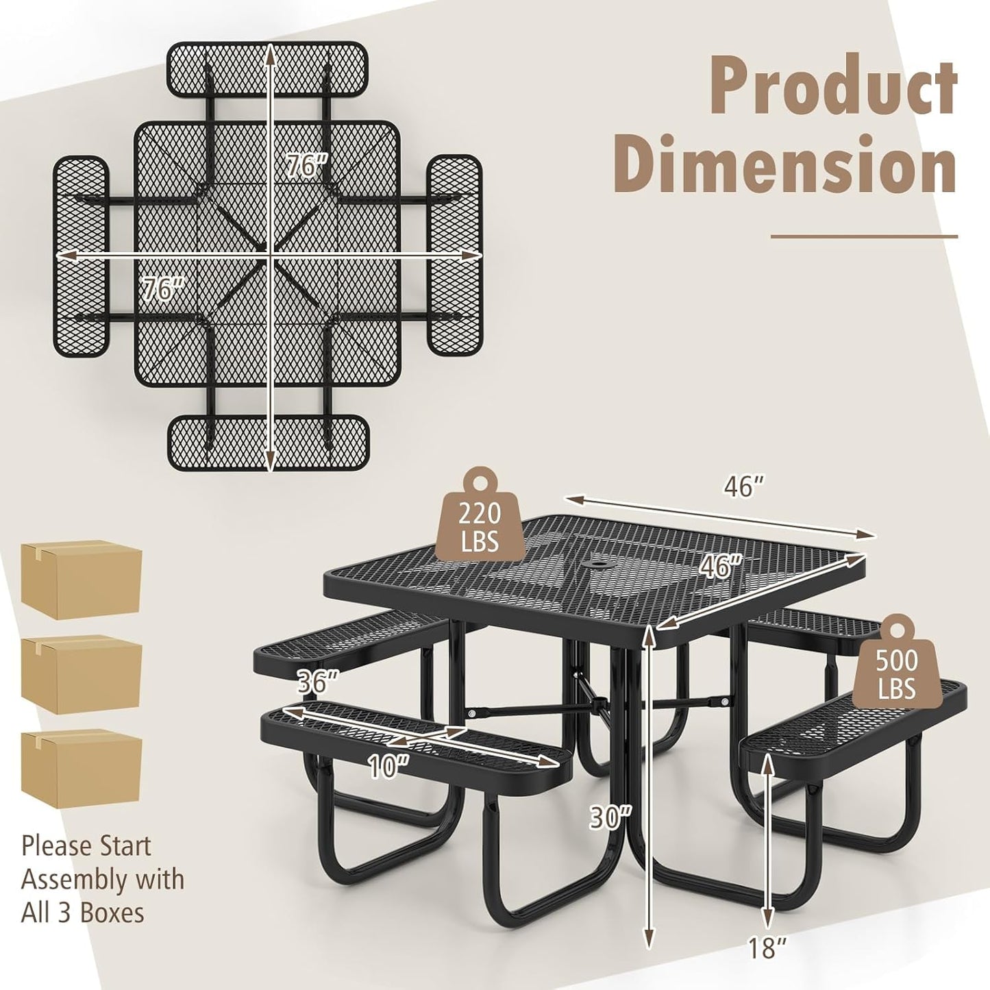 Tangkula 8 Person Picnic Table, Square Commercial Grade Outdoor Picnic Table with 4 Built-in Benches