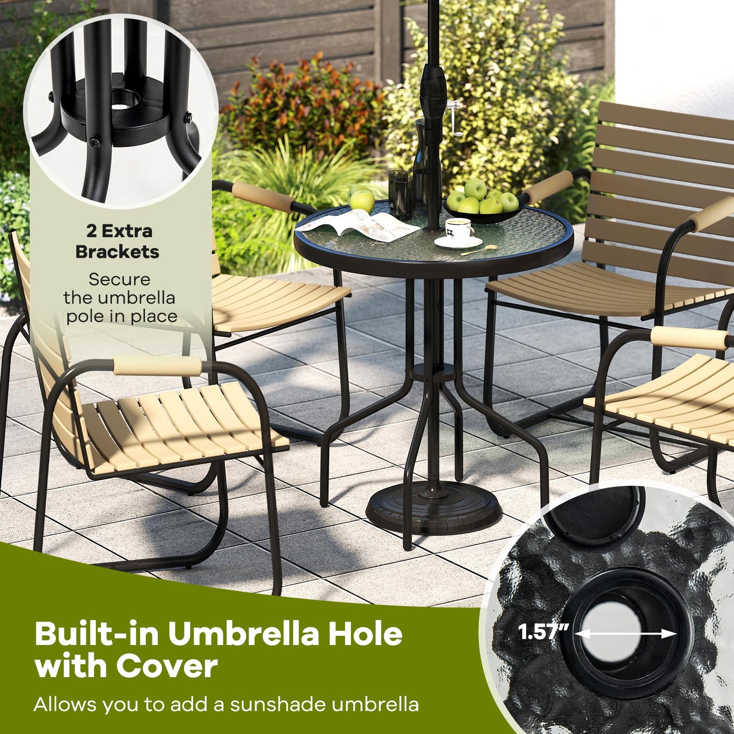 Tangkula Patio Round Glass Dining Table with 1.57" Umbrella Hole