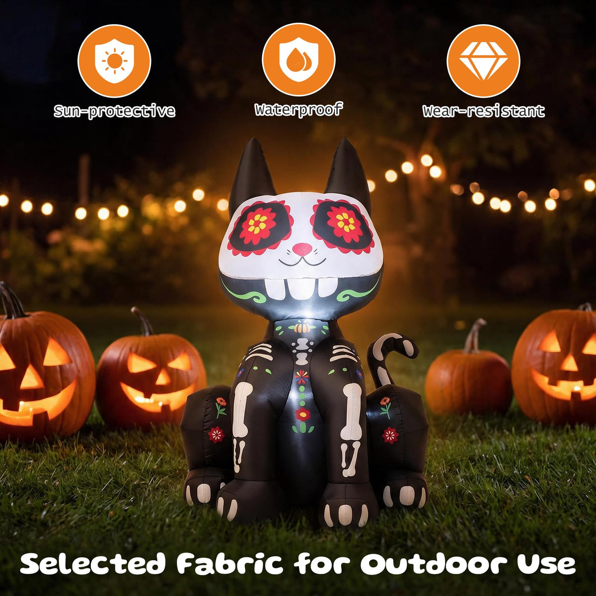 Tangkula 4 FT Day of the Dead Inflatable Skull Black Cat with LED Lights