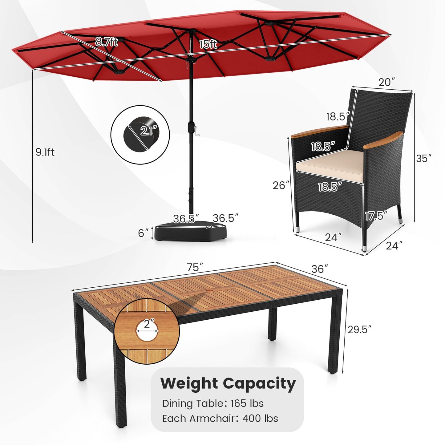 Tangkula 11 Piece Patio Wicker Dining Set w/Double-Sided Patio Umbrella