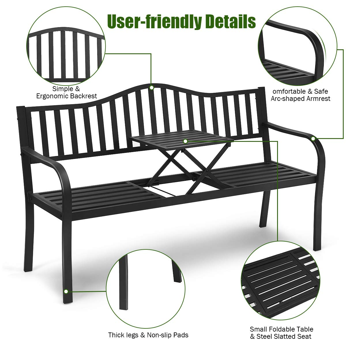 Tangkula Outdoor Garden Bench with Pullout Middle Table