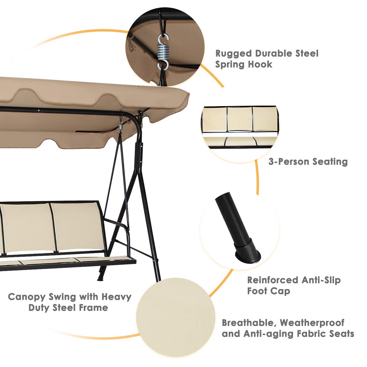 Tangkula 3 Person Patio Swing, Steel Frame with Polyester Angle Adjustable Canopy