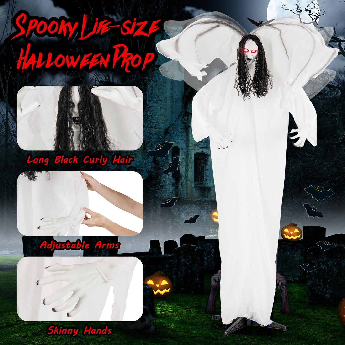 Tangkula 6.6 Feet Halloween Animatronic Standing Angel with Sound-Activated Light-up Eyes and Flapping Wings