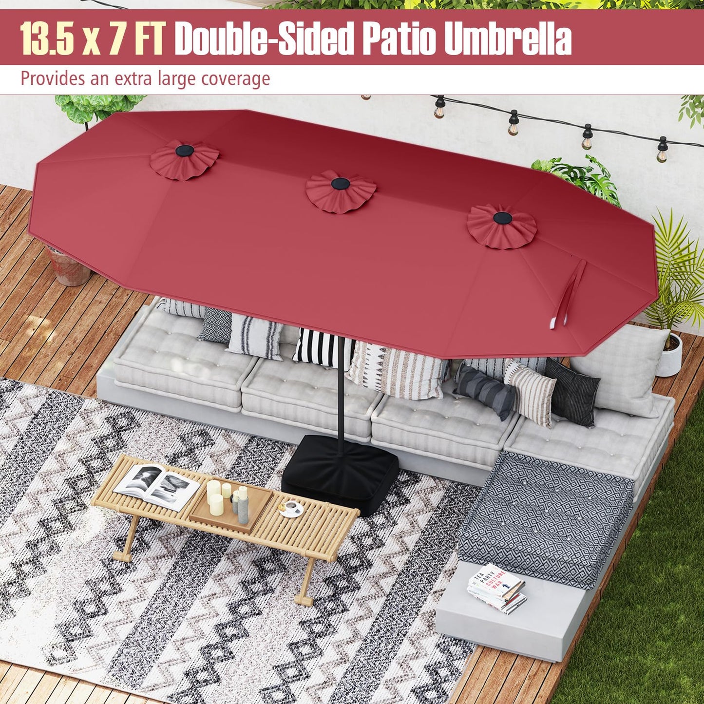 Tangkula 9 Piece Rattan Outdoor Dining Set with 13Ft Umbrella for 6
