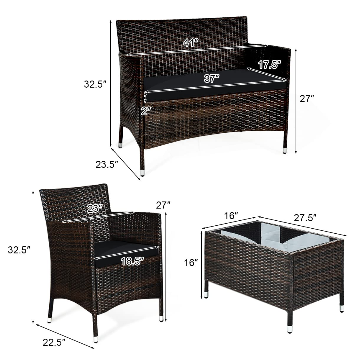 Tangkula 4-PCS or 8-PCS Patio Rattan Conversation Set, Outdoor Wicker Furniture Set with Tempered Glass Coffee Table &Thick Cushion