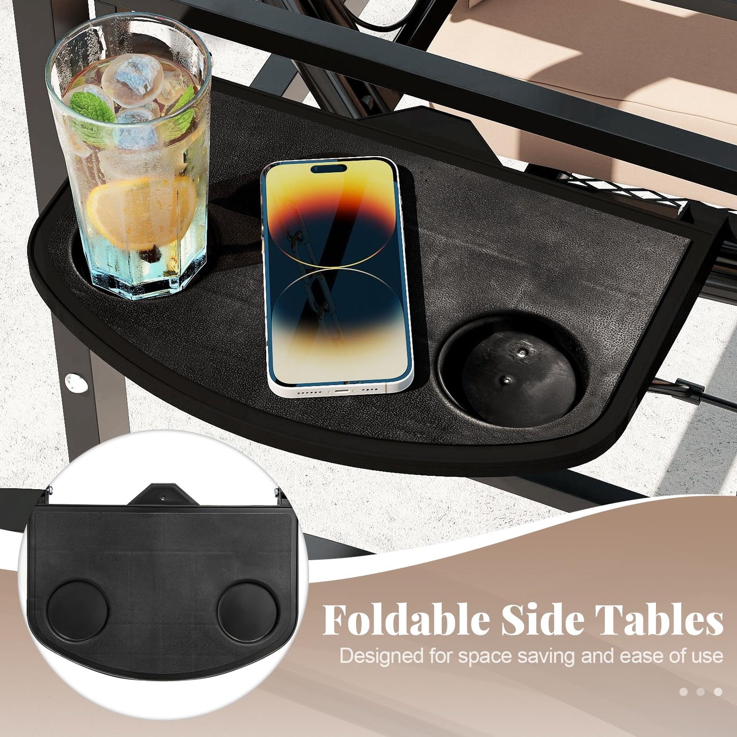 Balançoire de porche à cadre métallique Tangkula avec treillis en arc, coussins amovibles et tables d'appoint