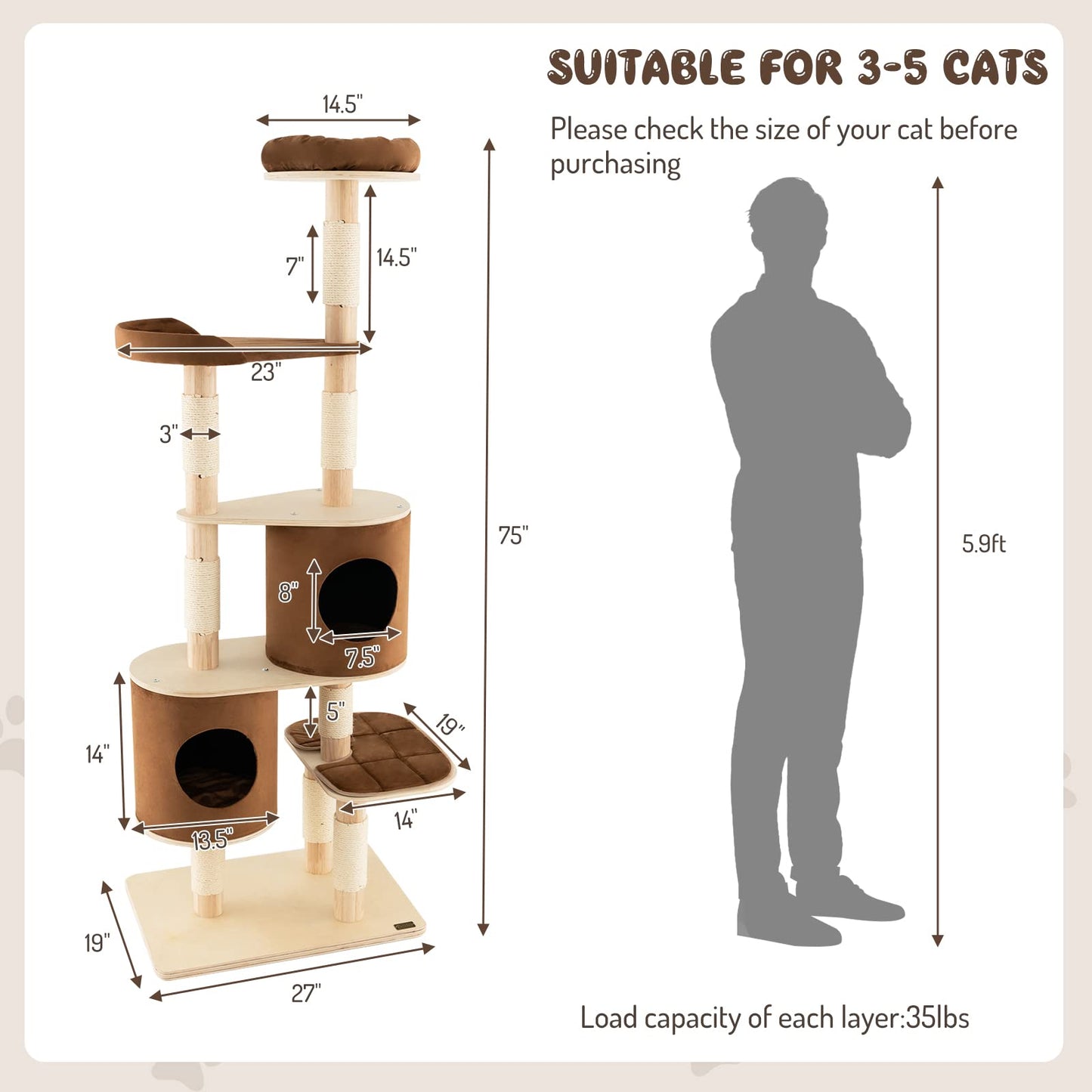 75 Inch Tall Cat Tree for Indoor Cats - Tangkula