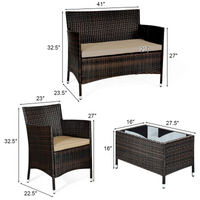 Tangkula 4-PCS Patio Rattan Conversation Set, Outdoor Wicker Furniture Set with Tempered Glass Coffee Table &Thick Cushion
