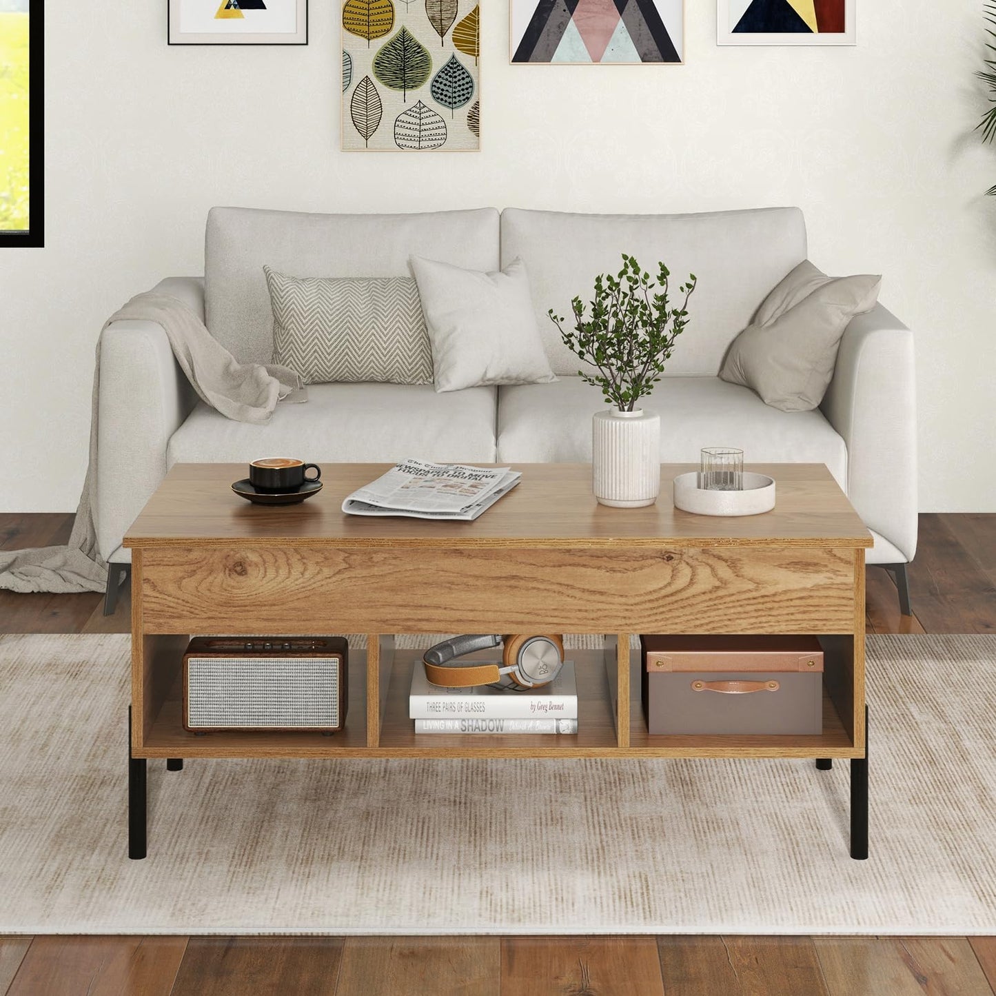 Tangkula Lift Top Coffee Table with Metal Legs, Rising Center Table w/Hidden Compartment & 3 Open Cubbies