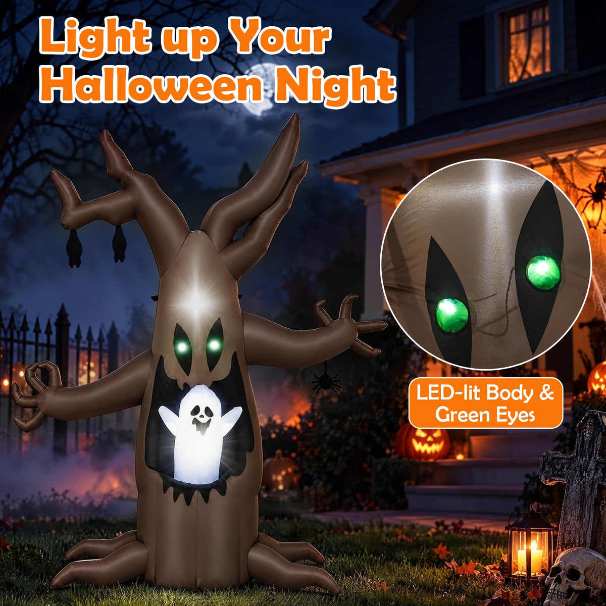 Tangkula 8 FT Halloween Inflatable Dead Tree with Animated Popping Ghost