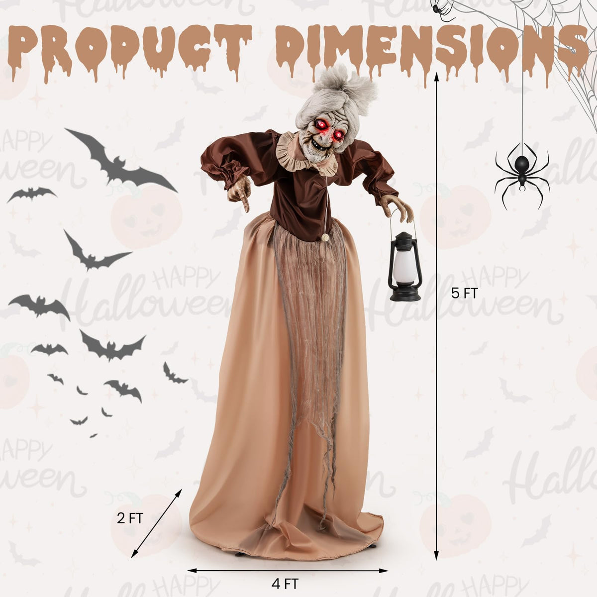 Tangkula Vieille Dame Animée d'Halloween de 1,5 m Tenant une Lanterne, Zombie Animatronique avec Yeux Rouges Lumineux à LED