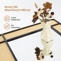 Tangkula Rattan Wall Mirror Bohemian Rectangular Decorative Mirror w/Metal Frame