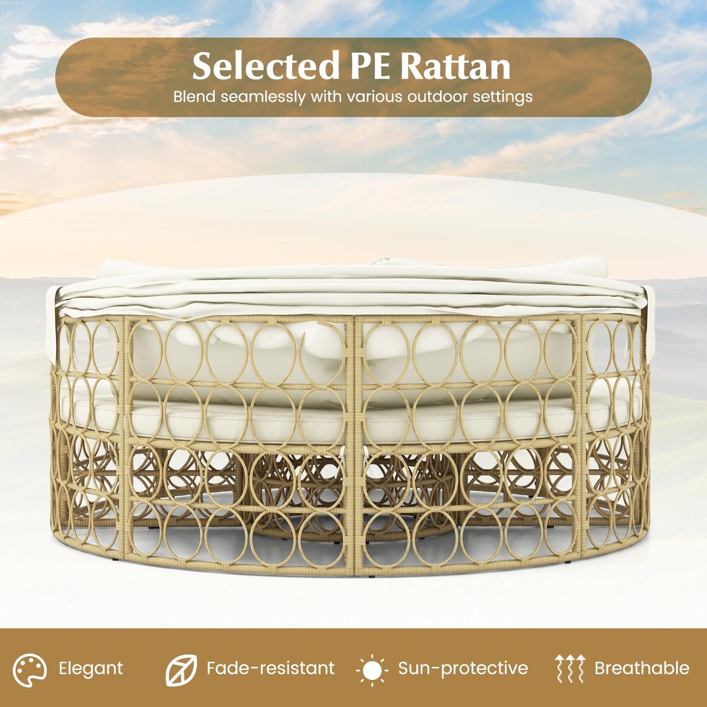 Tangkula Outdoor Patio Round Daybed with Retractable Canopy, Soft Cushions