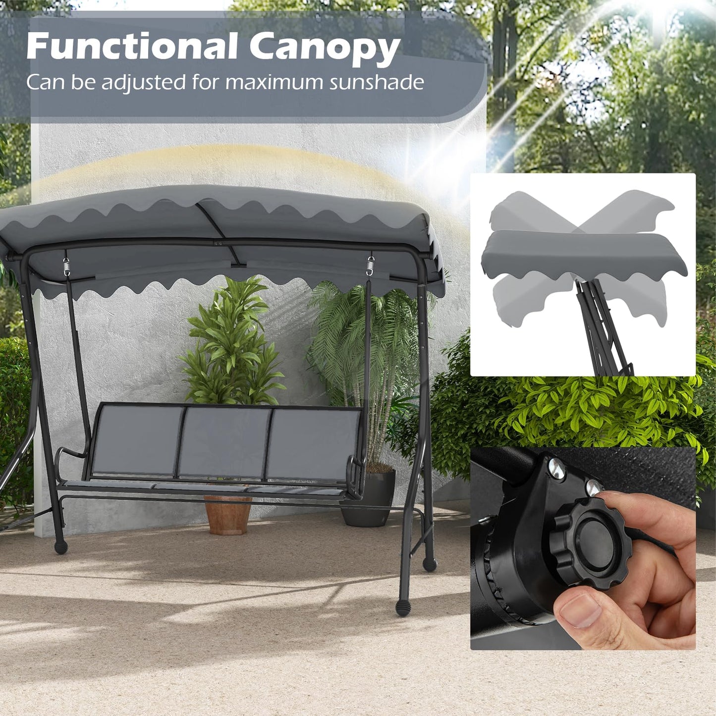 Tangkula 3 Person Porch Swing, Patio Swing with Adjustable Canopy, Heavy-Duty Metal Frame & Breathable Seat