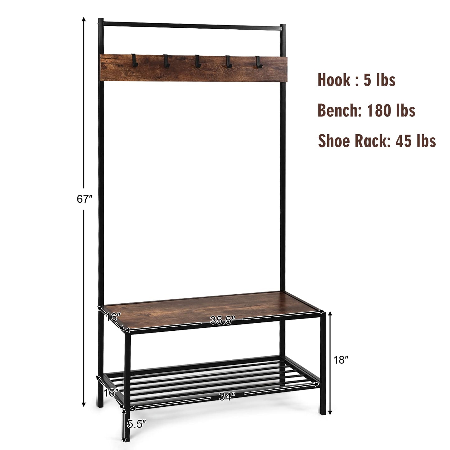 Tangkula 3 In 1 Entryway Hall Tree with Coat Rack & Shoe Storage