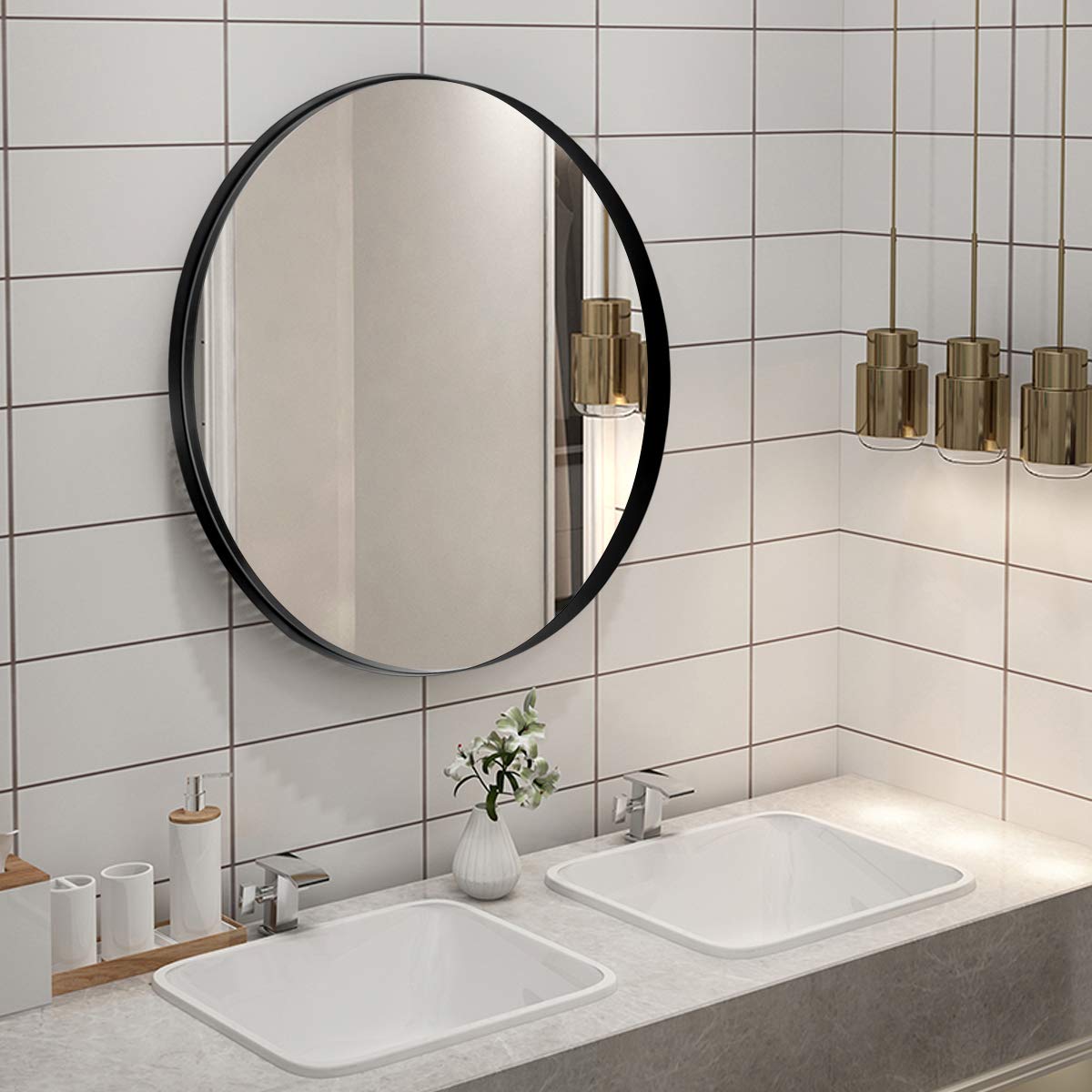 Round Wall Hanging Mirror, 27.5 Inch Bathroom Round Mirror
