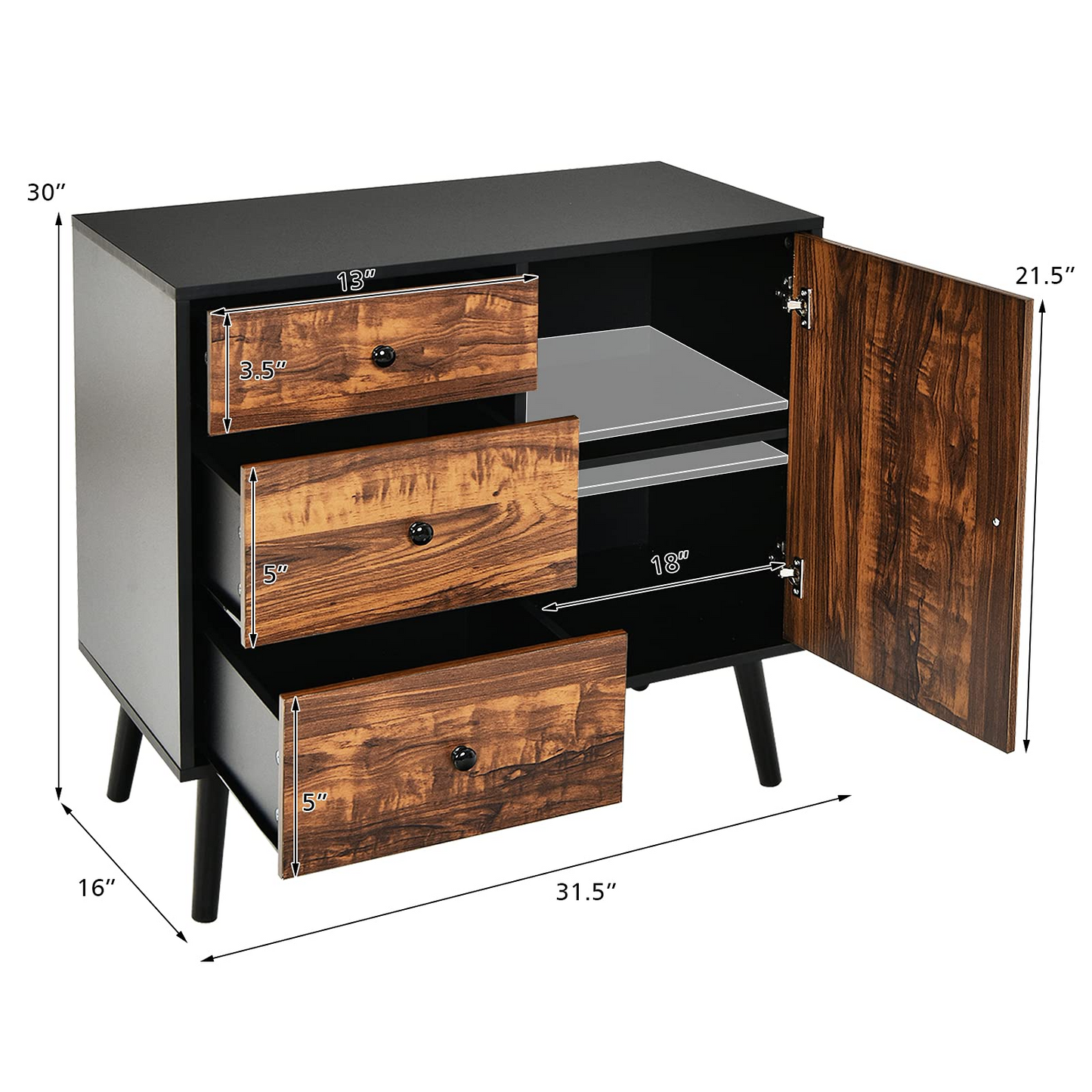 Tangkula Retro Storage Cabinet, Wood Floor Storage Cabinet with 3 Drawers and 1 Cabinet w/Adjustable Shelf, Accent Cabinet