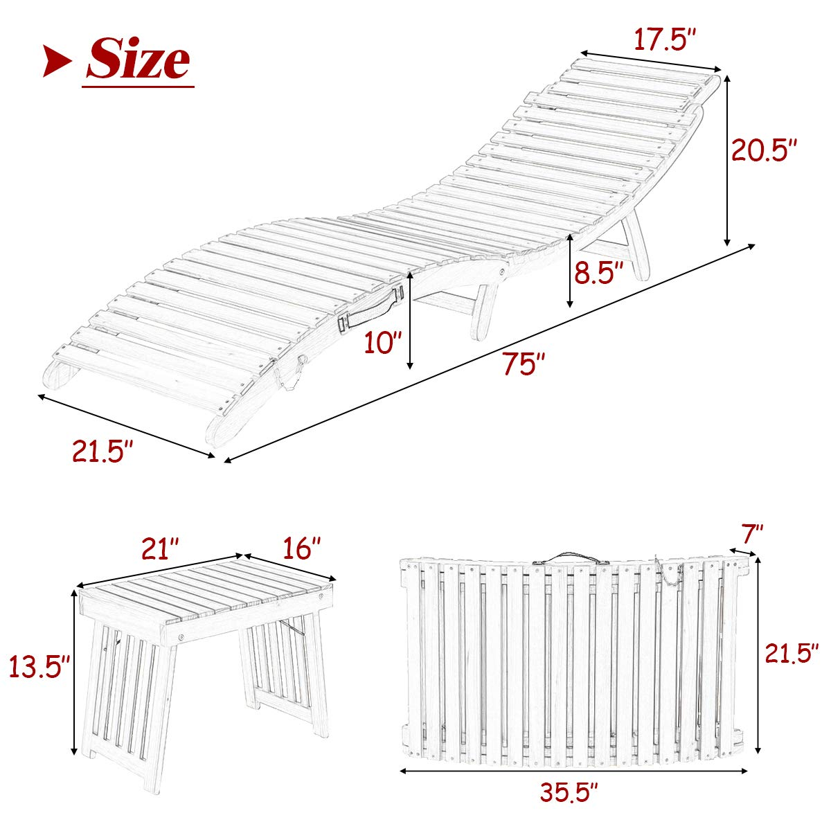 Tangkula 3 Pcs Folding Patio Solid Eucalyptus Wood Lounge Chair Set (Red & White)