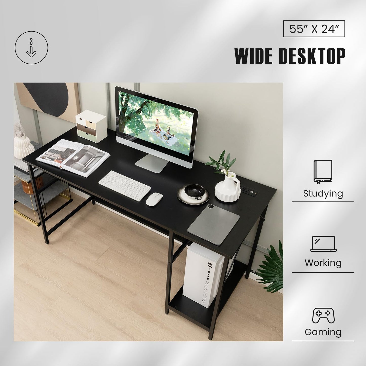 Tangkula 55 Inch Computer Desk with Power Outlet & USB Ports