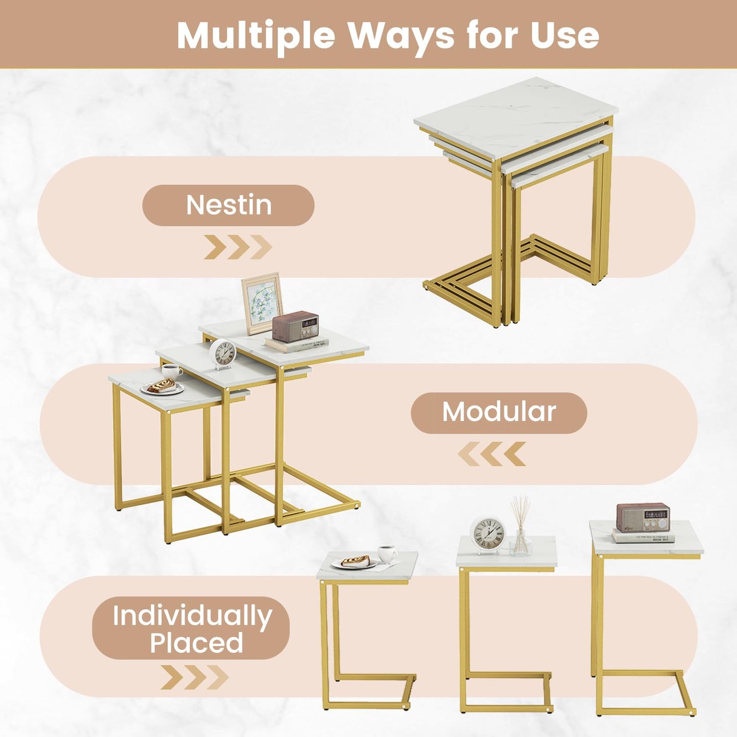 Tangkula Nesting Table Set of 3 Rectangle Stacking Side End Table with Wood Top & Metal Legs