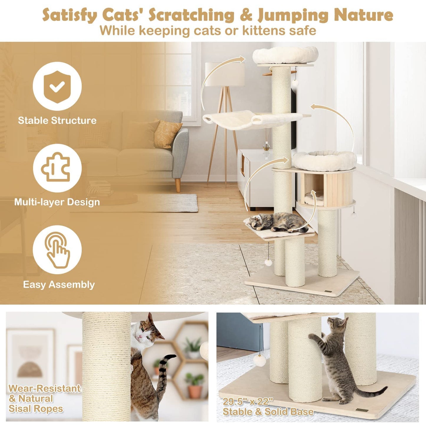 Tangkula Modern Cat Tree with Sisal Posts for Indoor Large Cats