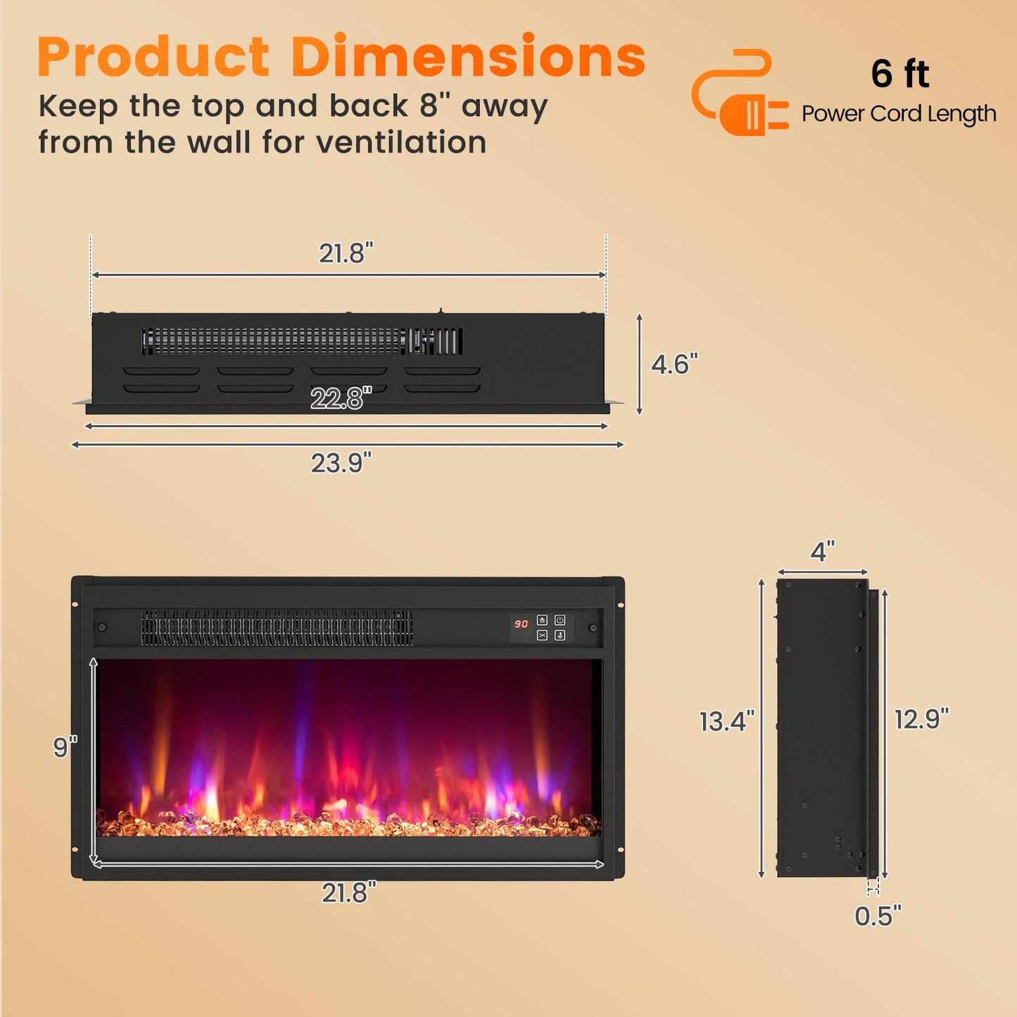 Tangkula 23” Electric Fireplace Insert Recessed 1500W Fireplace Heater with Remote Control