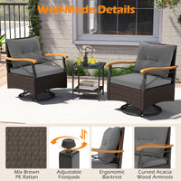Tangkula 3 Piece Outdoor Swivel Chair Set with 2 Tier Tempered Glass Side Table