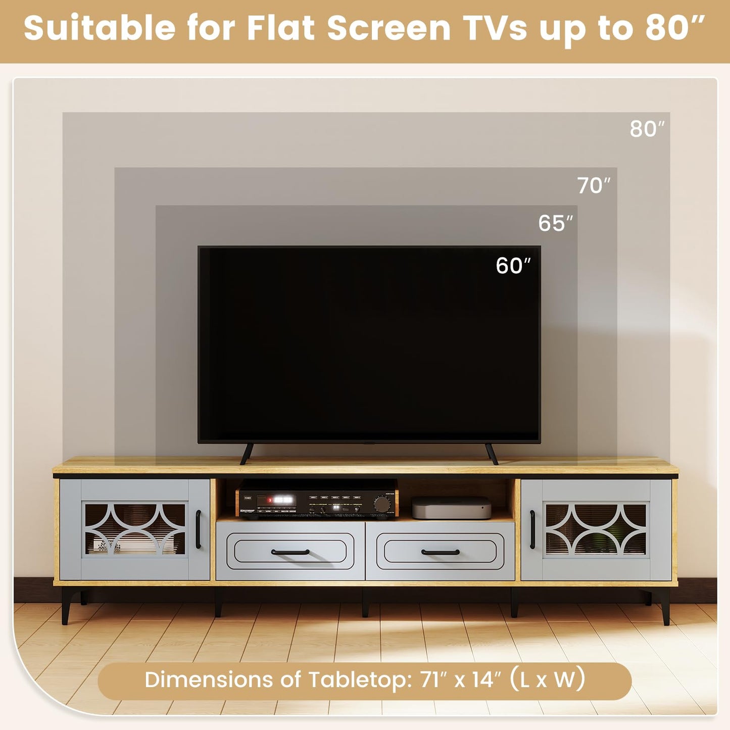 Tangkula Farmhouse TV Stand for TVs up to 80” 71” Entertainment Center with 2 Drawers