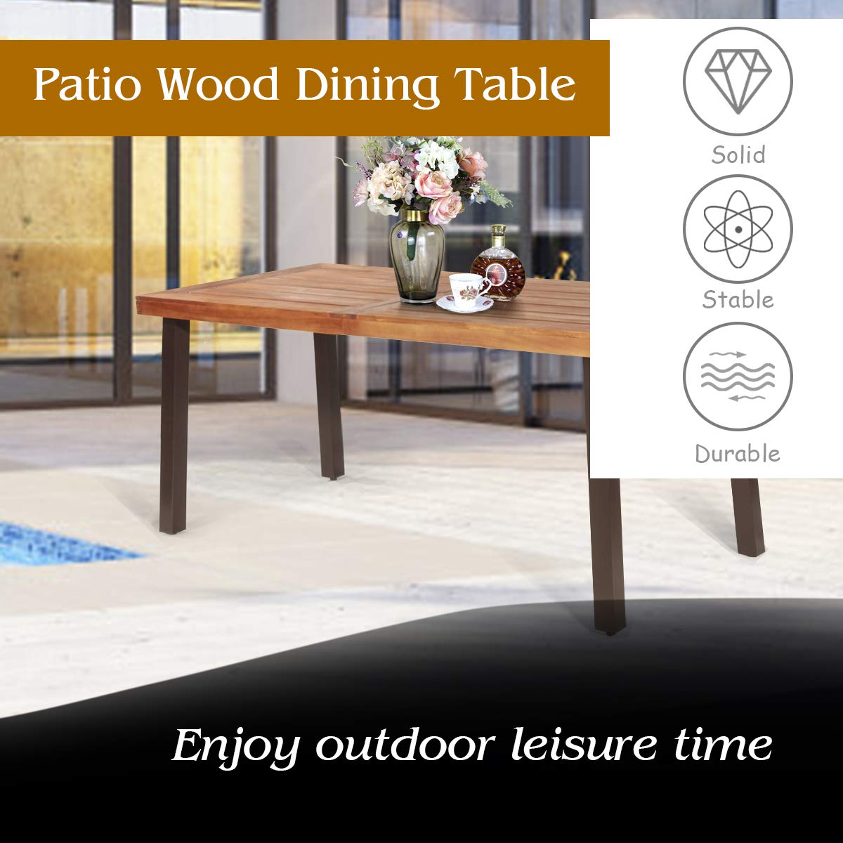 Tangkula Acacia Wood Outdoor Dining Table with Umbrella Hole