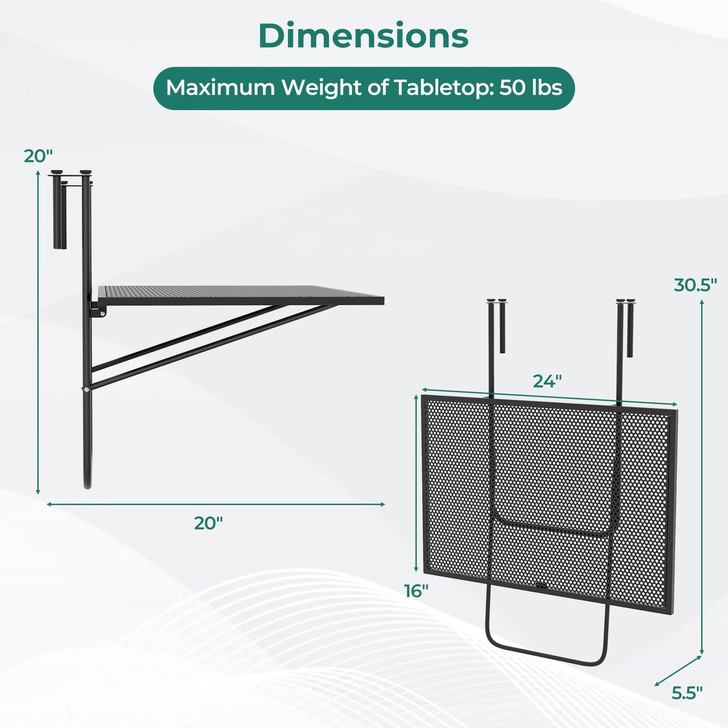 Tangkula Balcony Railing Table Outdoor Folding Hanging Table（24” x 20” x 20”）