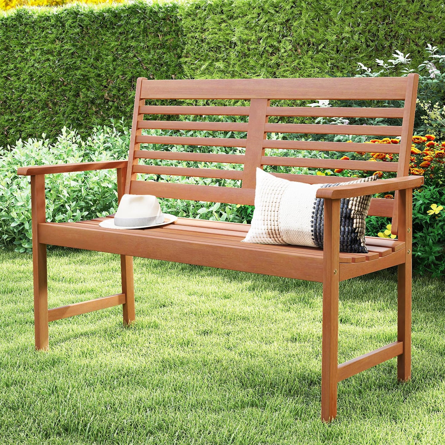 Banc d'extérieur en bois Tangkula pour 2 personnes avec dossier et accoudoirs ergonomiques