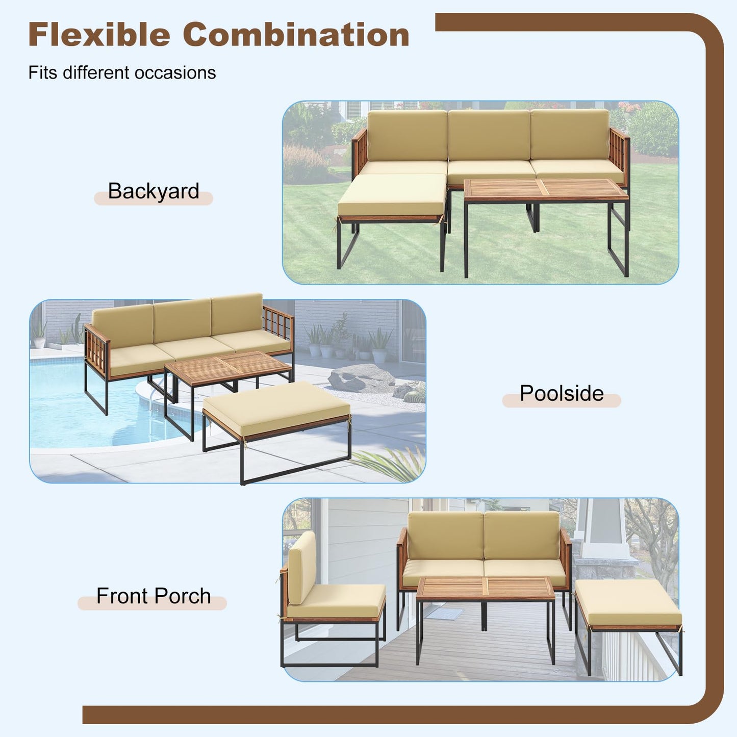 Tangkula 5 Piece Patio Furniture Set, Acacia Wood Sectional Set with Heavy-Duty Metal Frame, Comfy Seat & Back Cushions