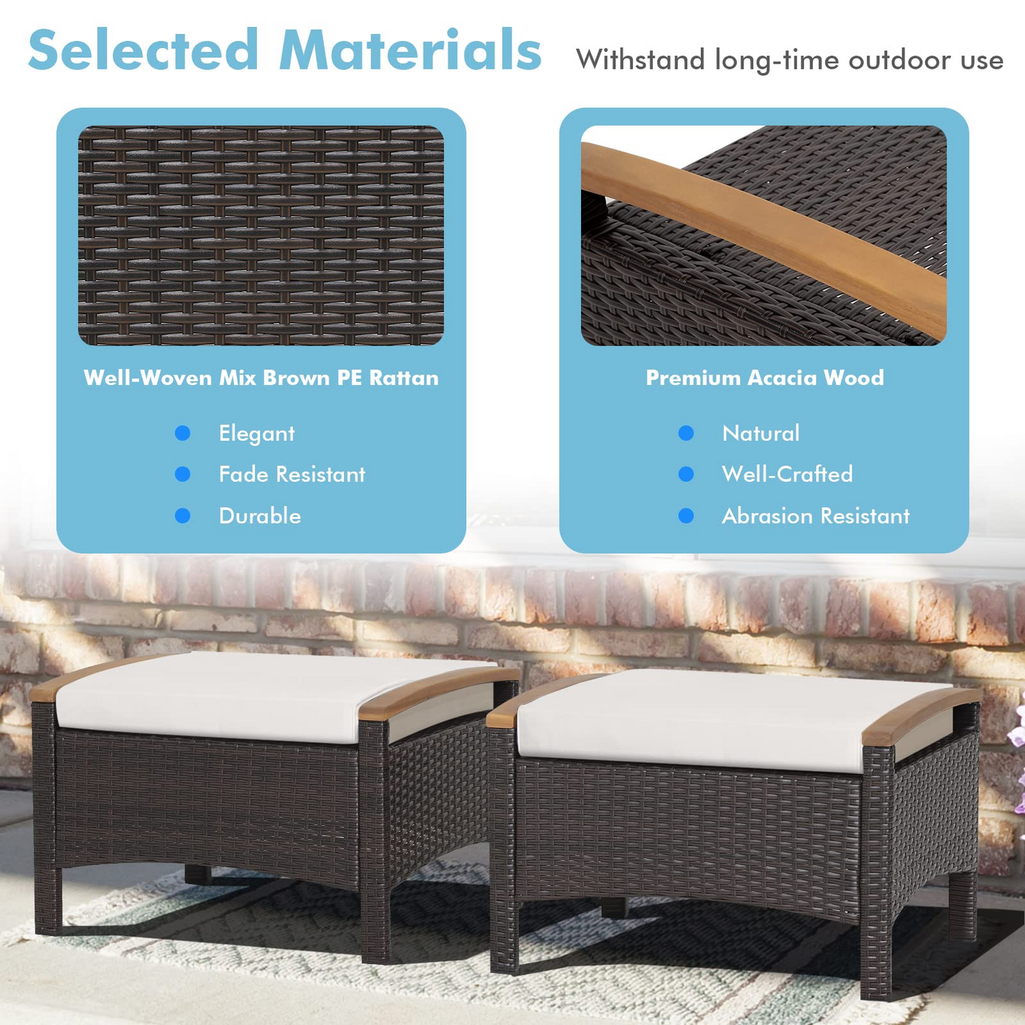 Tangkula 2 Piece Patio Rattan Ottomans, Outdoor Wicker Footstool