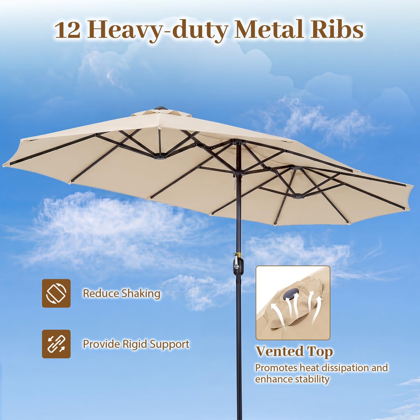 Tangkula 13 Ft Double-Sided Extra Large Outdoor Market Table Umbrella with 36 LED Lights