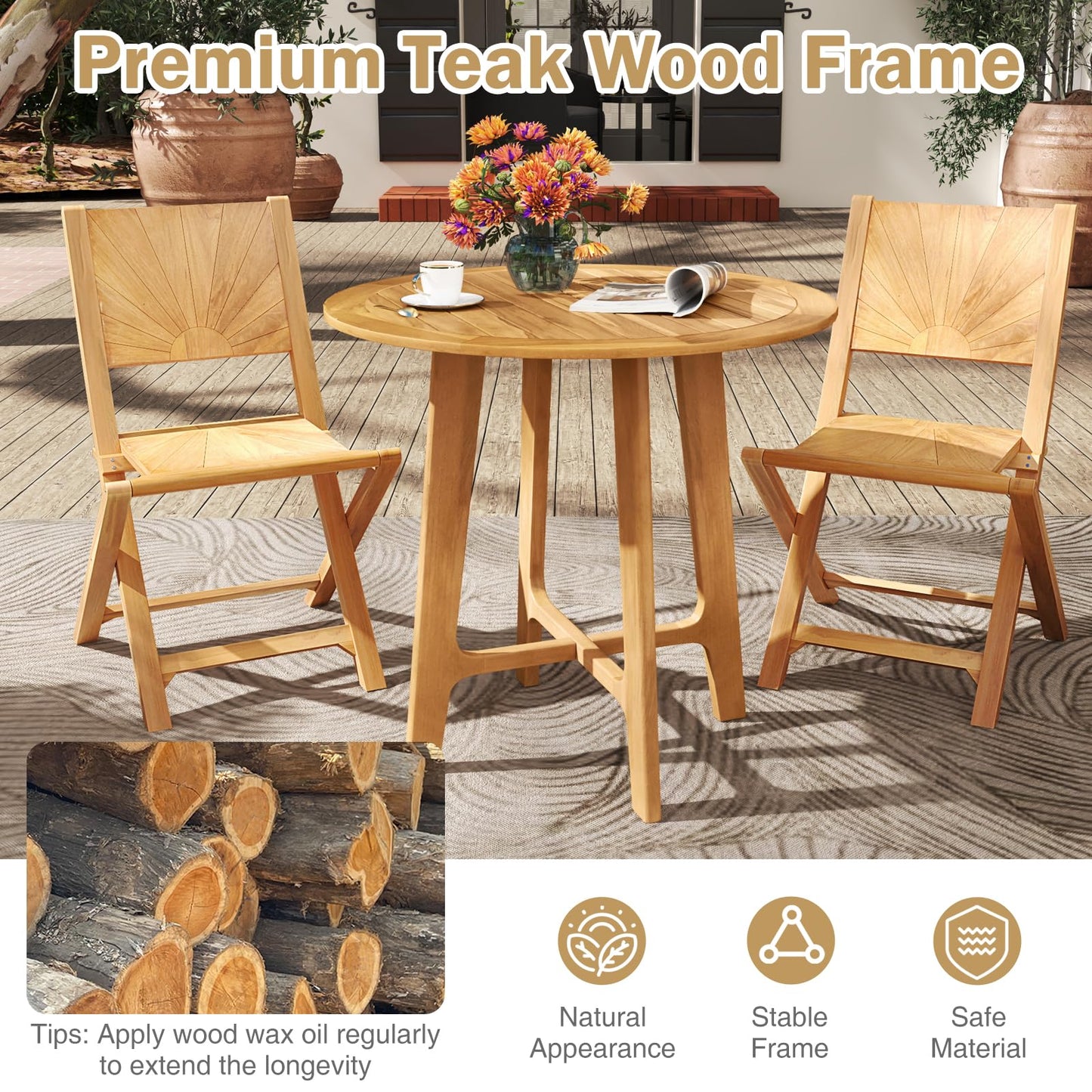 Tangkula 31.5" Round Patio Dining Table with Slatted Tabletop