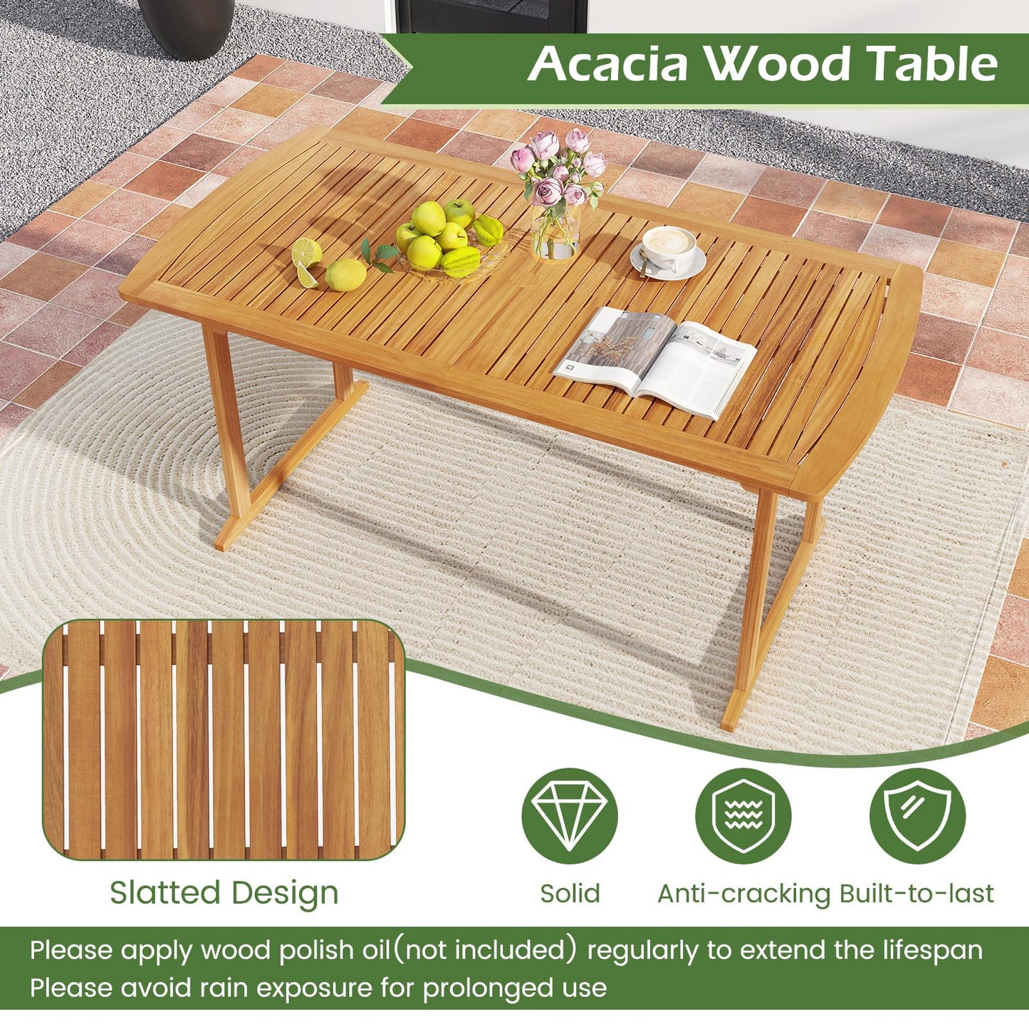 Tangkula 63 inch Outdoor Dining Table w/Umbrella Hole