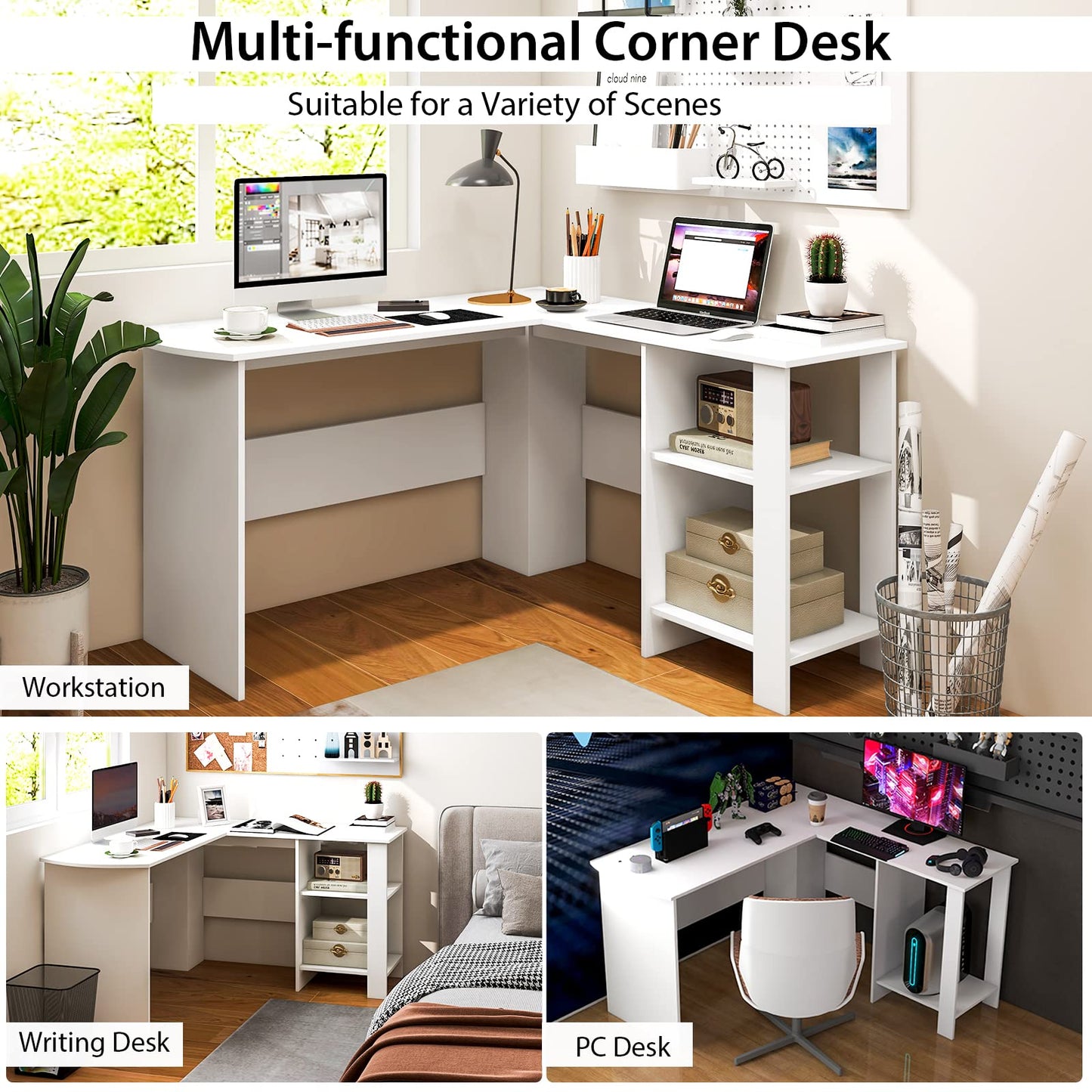 Tangkula White L Shaped Desk with Storage Shelves