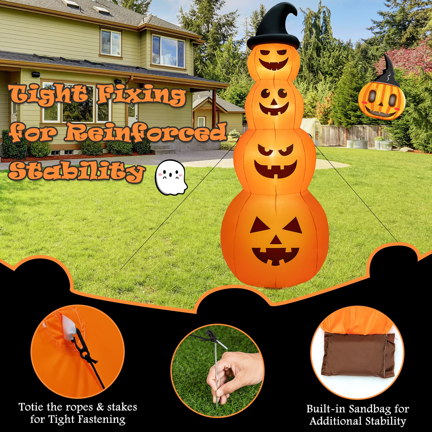 Tangkula 8 FT Halloween Inflatable Pumpkin, 4 Pumpkins Stack Halloween Decorations