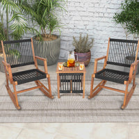 Tangkula 3 Pieces Acacia Wood Rocking Bistro Set, All-Weather Rope Woven Patio Furniture Set with Coffee Table