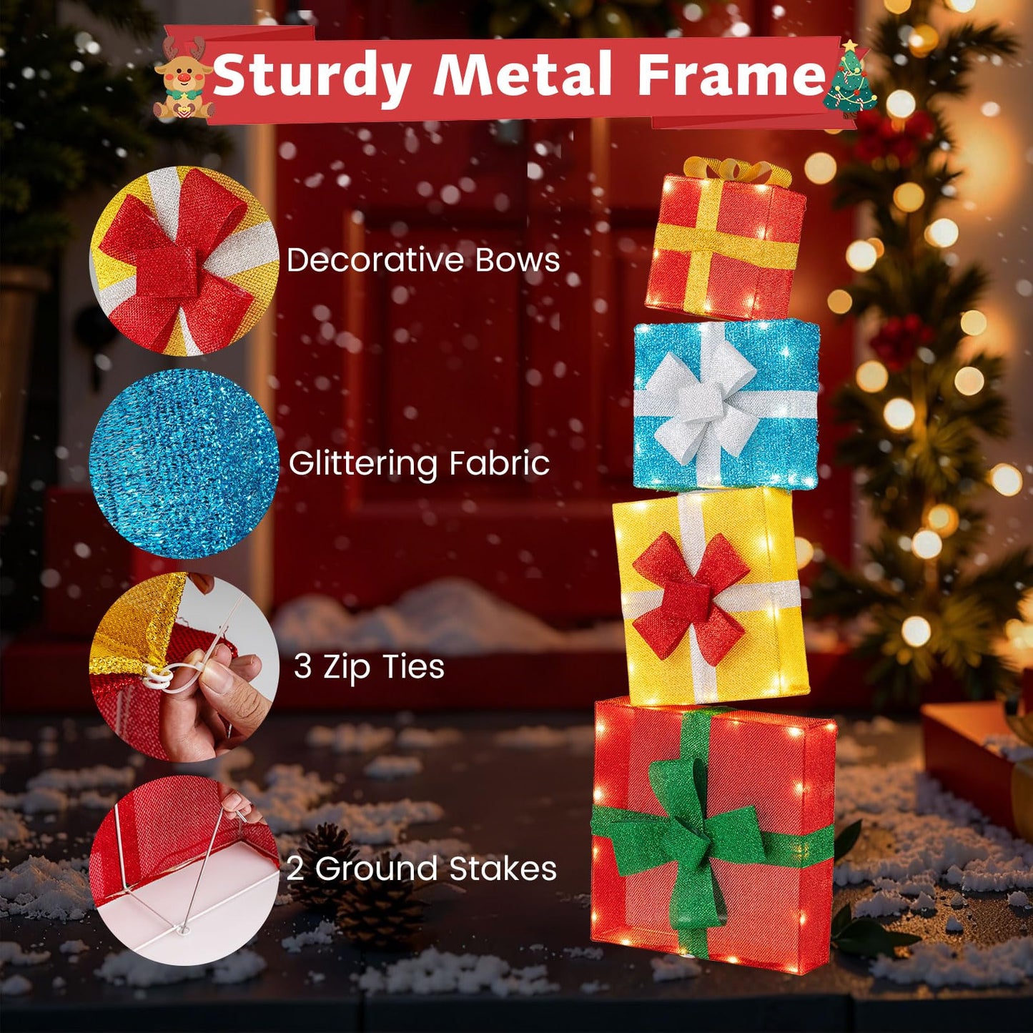 Tangkula 4 Ft Stackable Gift Boxes with Warm White LED Lights