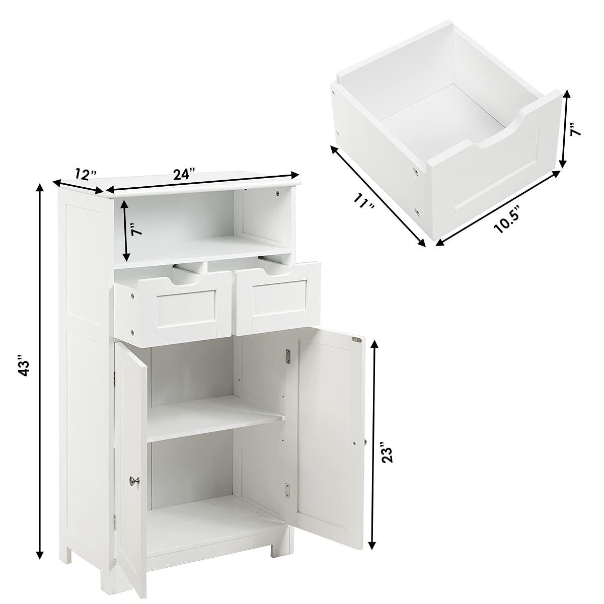 Tangkula Bathroom Floor Cabinet, Storage Cabinet w/One Open Shelf Two Doors and Two Adjustable Drawers, Standing Cupboard for Kitchen