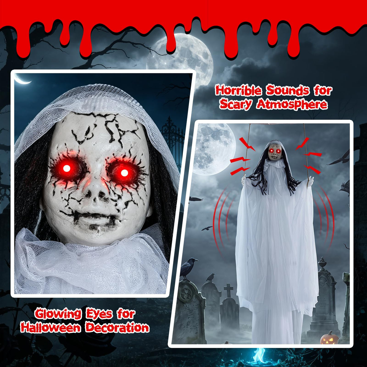 Tangkula 6.4 FT Halloween Animated Hanging Swinging Girl Creepy Doll