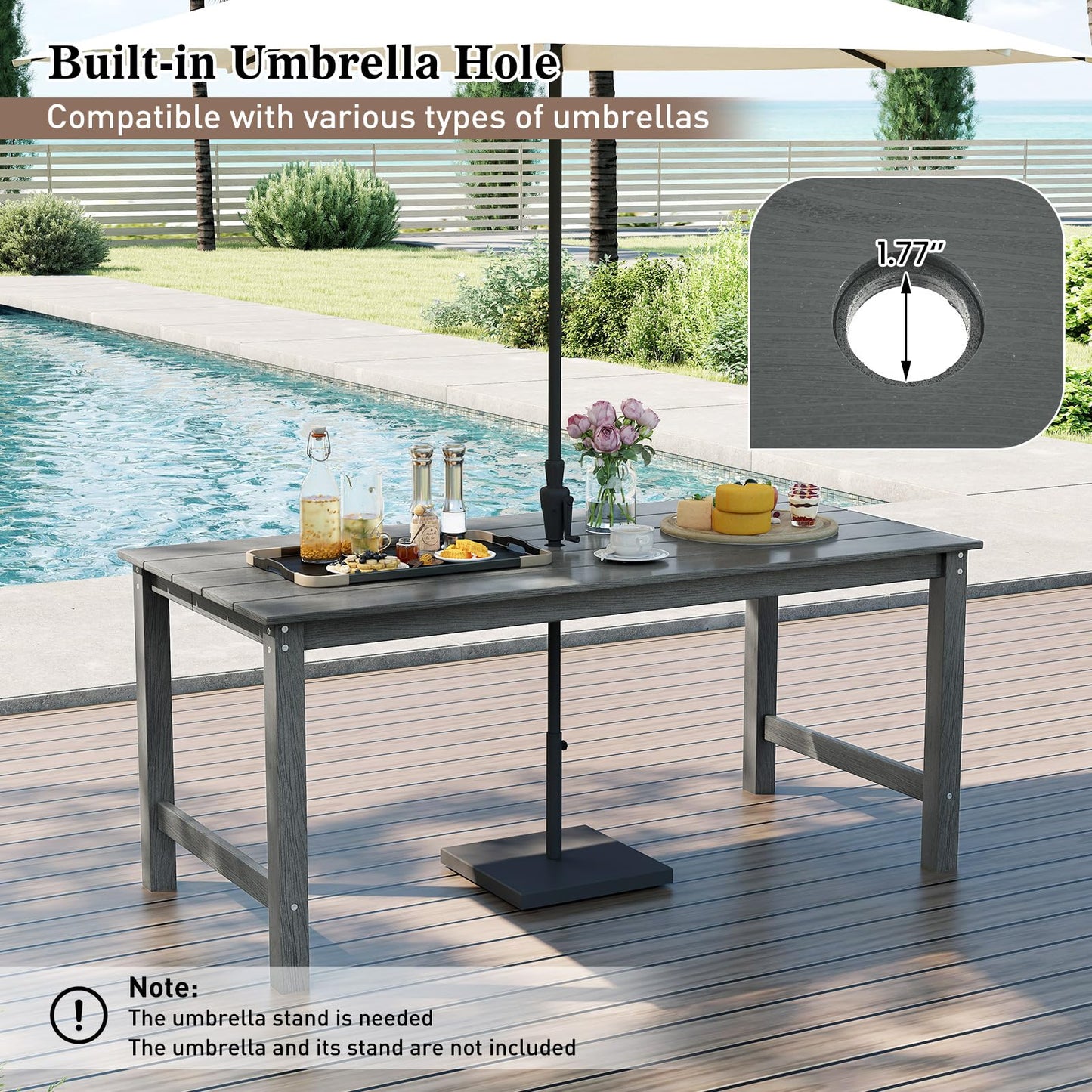 Tangkula 67" HDPE Outdoor Dining Table with Wood-Like Tabletop and Umbrella Hole