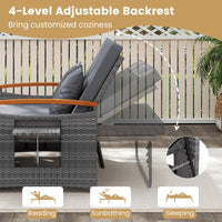 Tangkula Outdoor Wicker Loveseat with Acacia Wood Armrest Storage Ottoman & Folding Tray